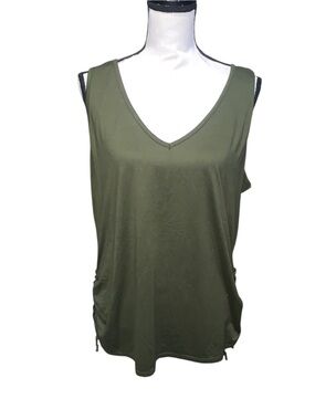 M. Fasis Dark Green V-neck Sleeveless Shirt Ruched Sides Ladder Back